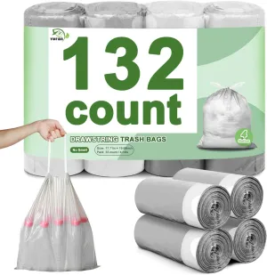 132 Count-Small Trash Bags, 4 Gallon Trash Bag Drawstring,Gray White Bathroom Garbage BagsTear-Free Garbage Bags Plastic Wastebasket Liners for Toilet Home Office and Bedroom