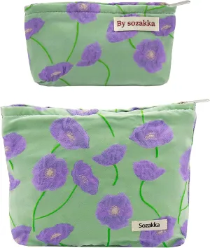 2 Pcs Makeup Bags, Large Cosmetic Bag Travel Toiletry Bag Organizer for Women, Floral Cosmetic Pouch Purse with Zipper Purple Flower