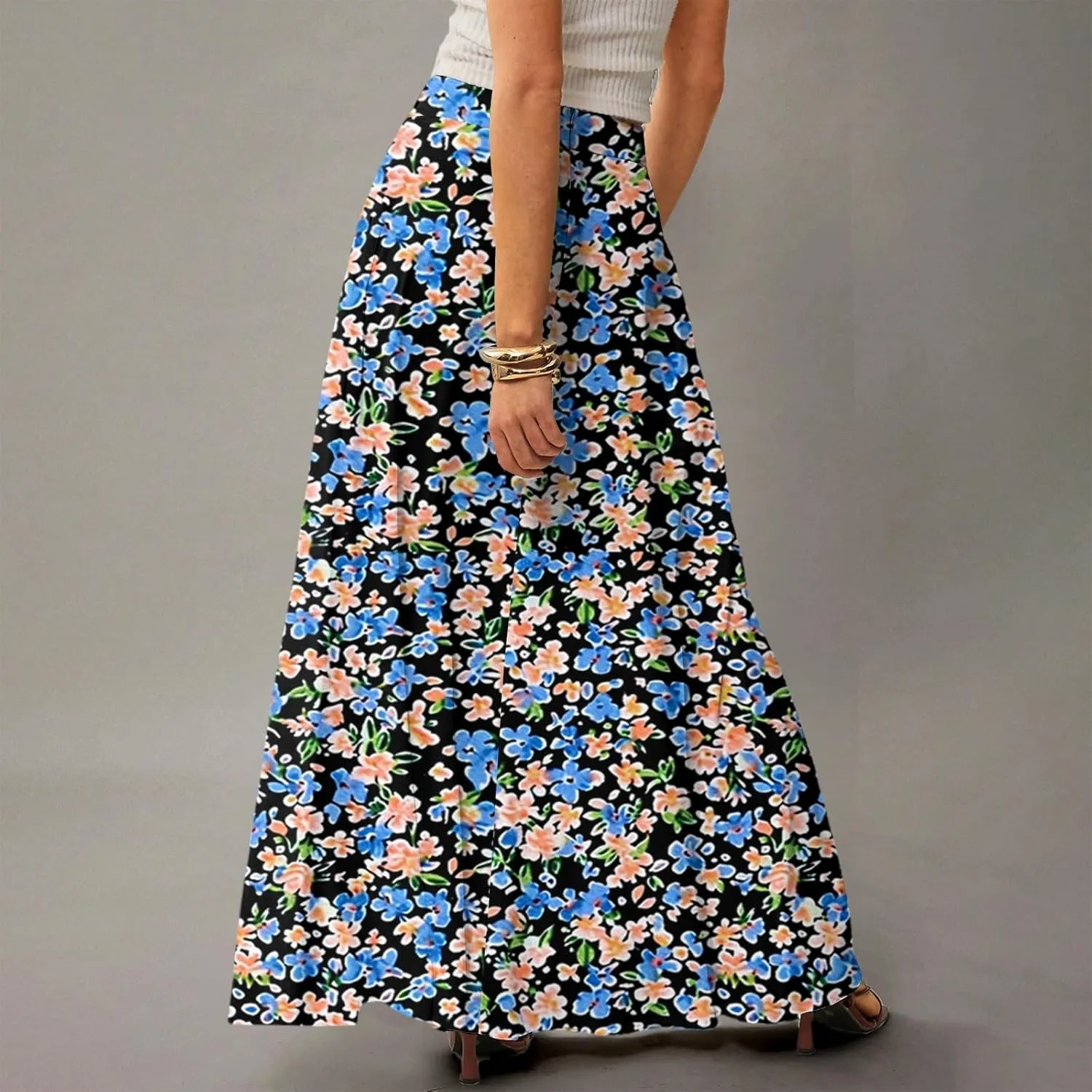 2025 Womens Long Maxi Skirt Trendy Summer Elastic High Waisted Pleated Floral Print A-Line Boho Skirts with Pockets
