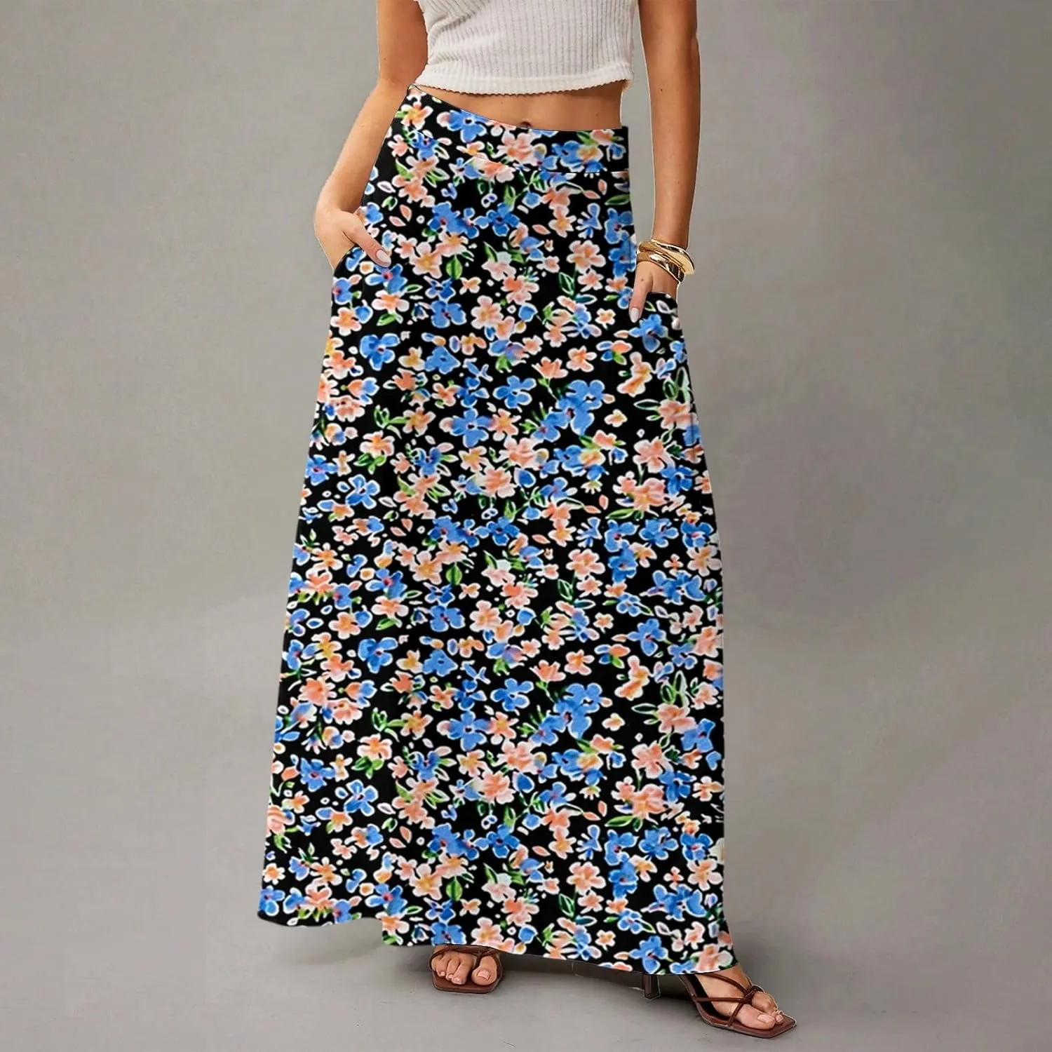 2025 Womens Long Maxi Skirt Trendy Summer Elastic High Waisted Pleated Floral Print A-Line Boho Skirts with Pockets