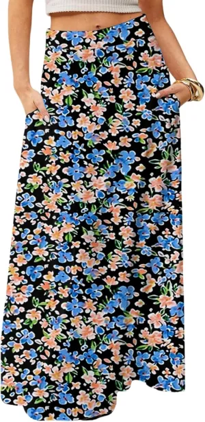 2025 Womens Long Maxi Skirt Trendy Summer Elastic High Waisted Pleated Floral Print A-Line Boho Skirts with Pockets