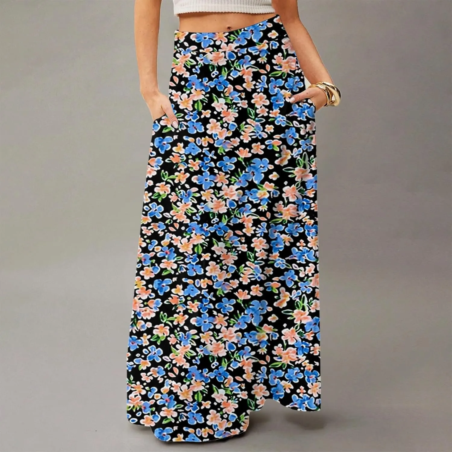2025 Womens Long Maxi Skirt Trendy Summer Elastic High Waisted Pleated Floral Print A-Line Boho Skirts with Pockets