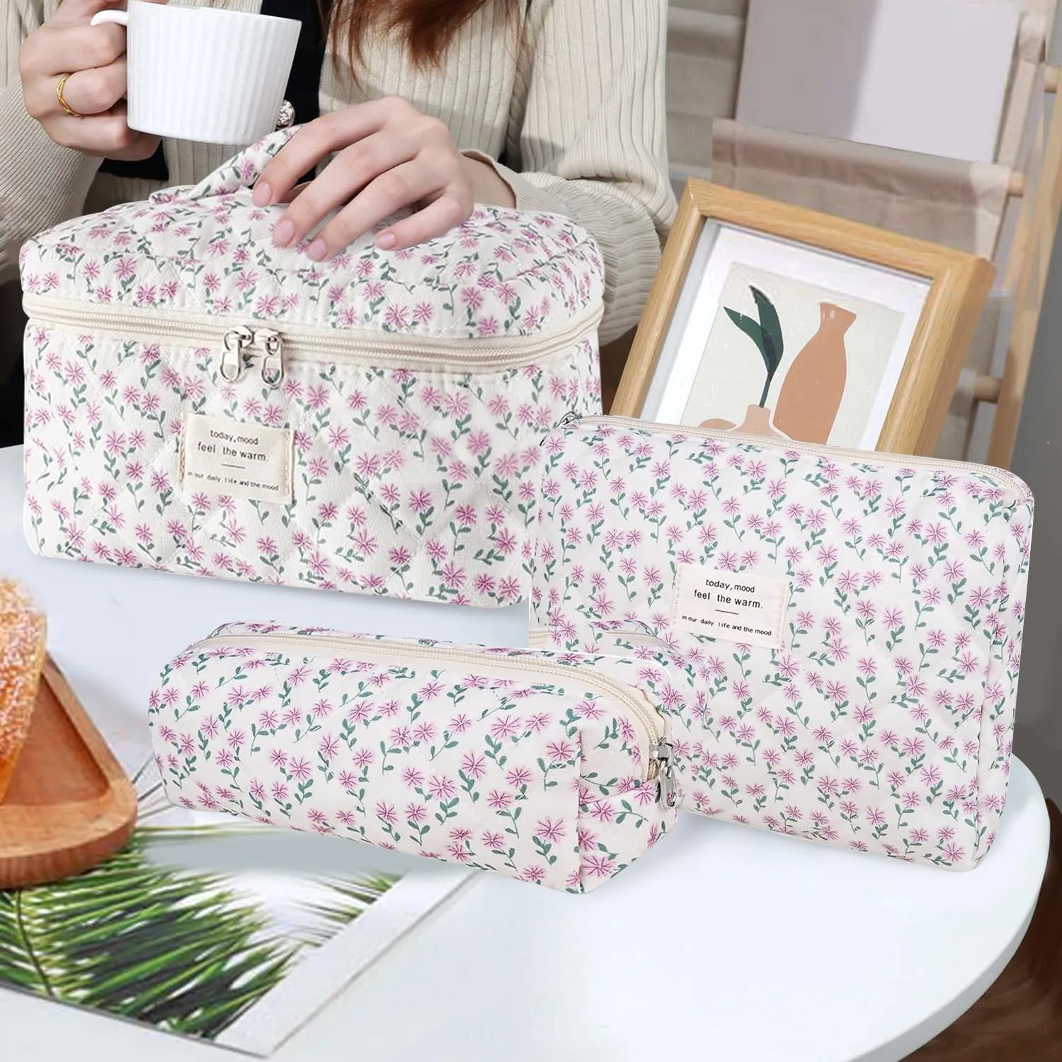 3 Pcs Cotton Quilted Makeup Bag Set, Floral Cotton Cosmetic Bag, Aesthetic Toiletry Travel Organizer Bag for Women (Purple Dandelion)
