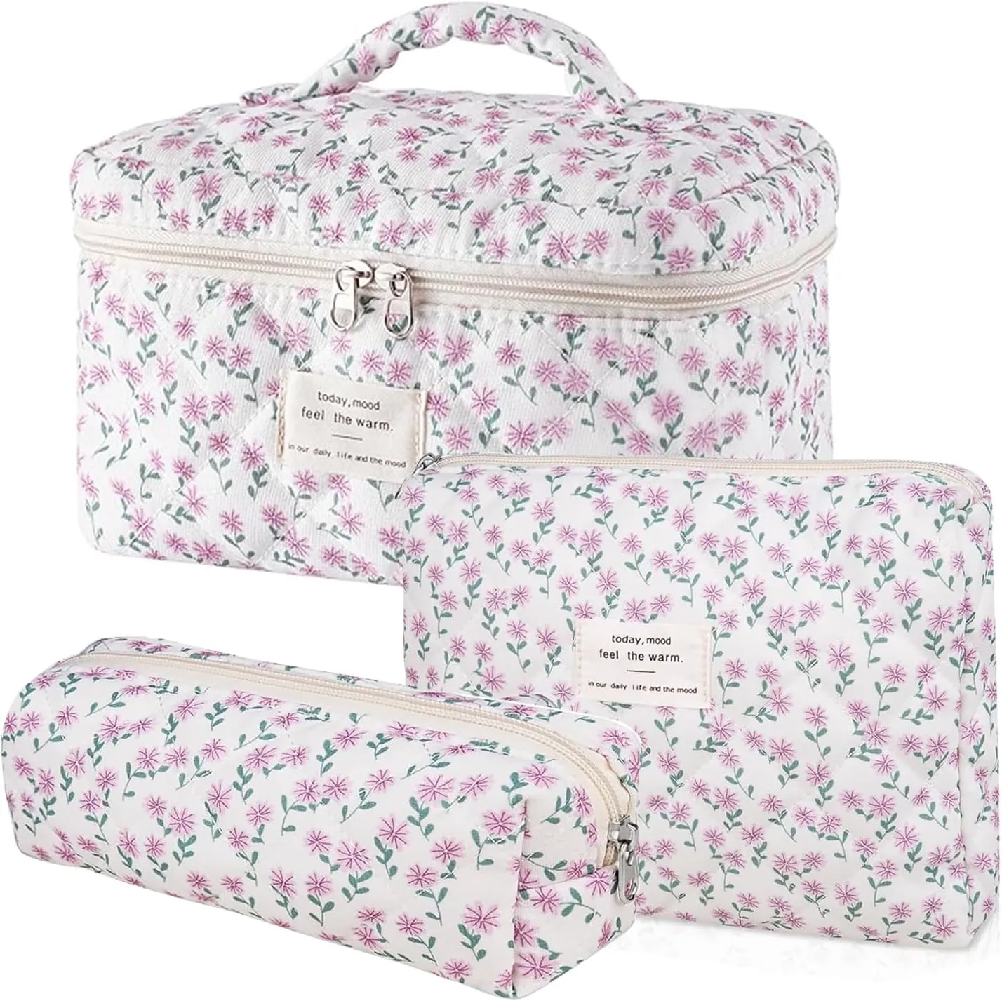 3 Pcs Cotton Quilted Makeup Bag Set, Floral Cotton Cosmetic Bag, Aesthetic Toiletry Travel Organizer Bag for Women (Purple Dandelion)