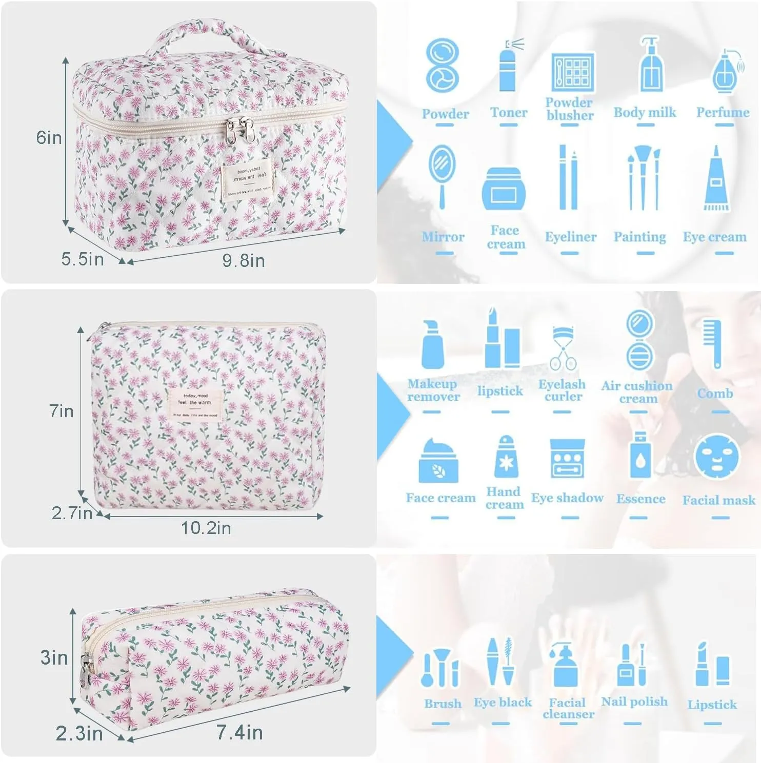 3 Pcs Cotton Quilted Makeup Bag Set, Floral Cotton Cosmetic Bag, Aesthetic Toiletry Travel Organizer Bag for Women (Purple Dandelion)