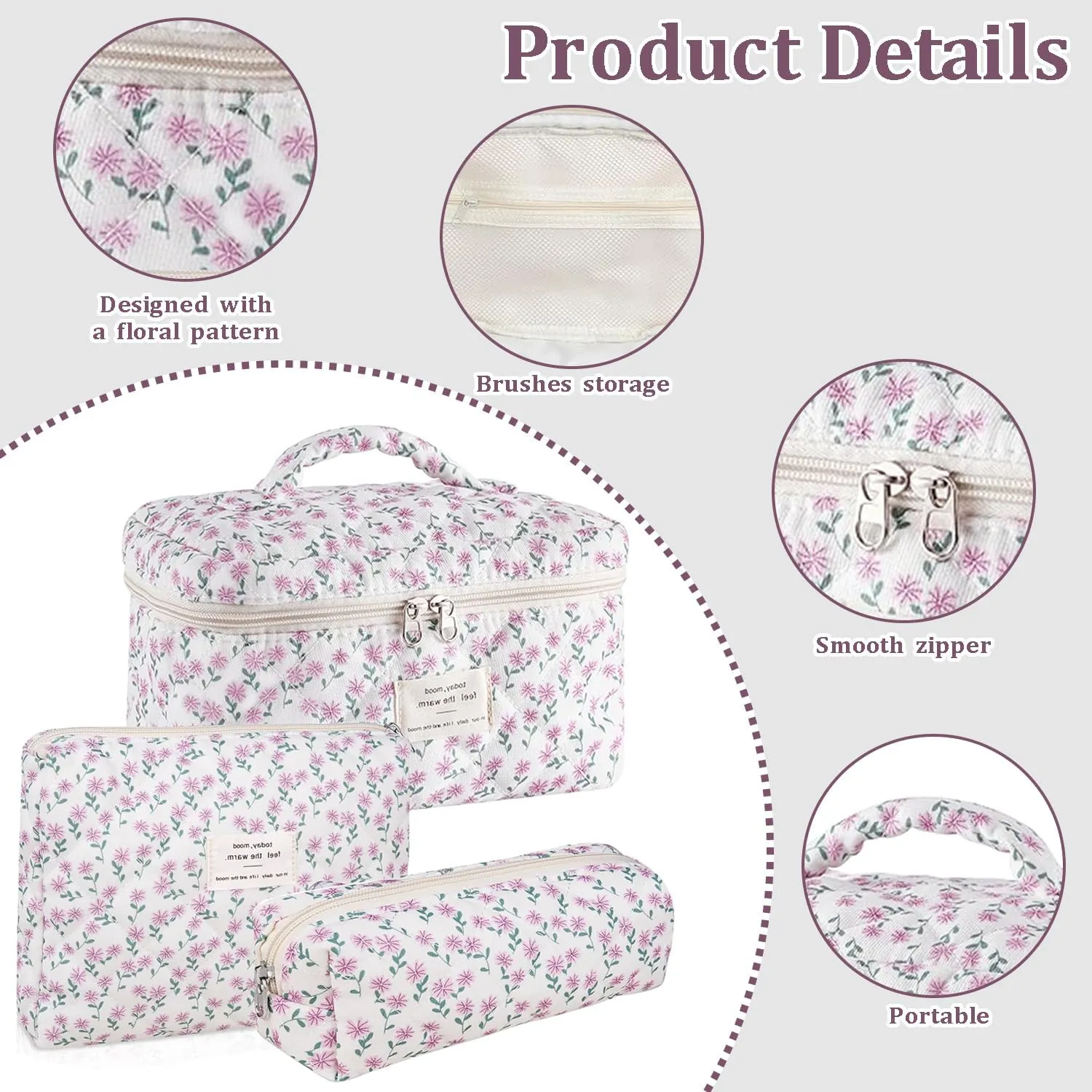 3 Pcs Cotton Quilted Makeup Bag Set, Floral Cotton Cosmetic Bag, Aesthetic Toiletry Travel Organizer Bag for Women (Purple Dandelion)