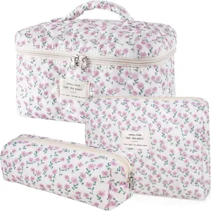 3 Pcs Cotton Quilted Makeup Bag Set, Floral Cotton Cosmetic Bag, Aesthetic Toiletry Travel Organizer Bag for Women (Purple Dandelion)