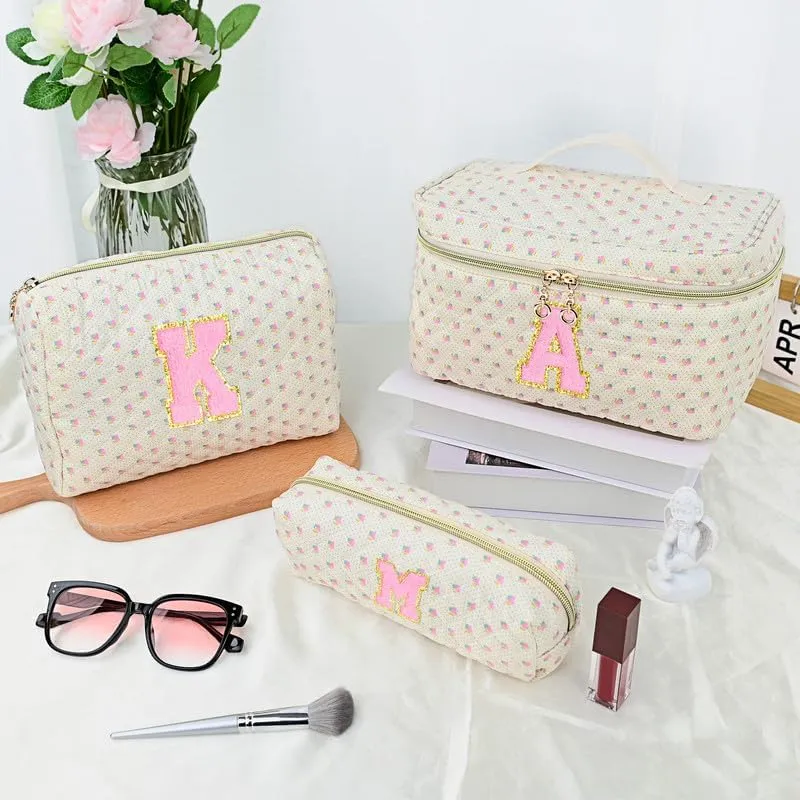 3 PCS Travel Makeup Bag Set, A-Z Initials Cotton Make up Bag Floral Quilted Cosmetic Bag for Girls and Women, Personalized Cute Toiletry Bag Travel Accessories Brushes Bag Flower - A