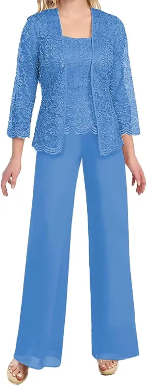 3 Piece Mother of The Bride Pant Suits with Jacket Chiffon Elegant Wedding Guest Party Formal Outfit