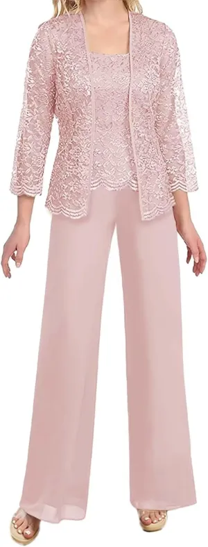 3 Piece Mother of The Bride Pant Suits with Jacket Chiffon Elegant Wedding Guest Party Formal Outfit