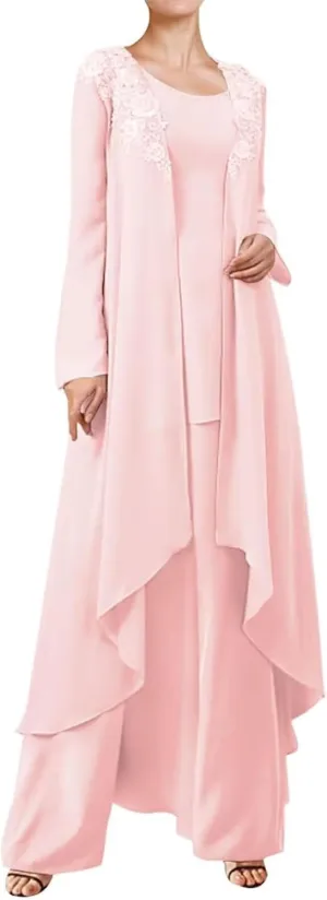 3 Pieces Mother of The Bride Dresses Pant Suits for Wedding Guest Groom Outfit Set with Long Chiffon Jacket
