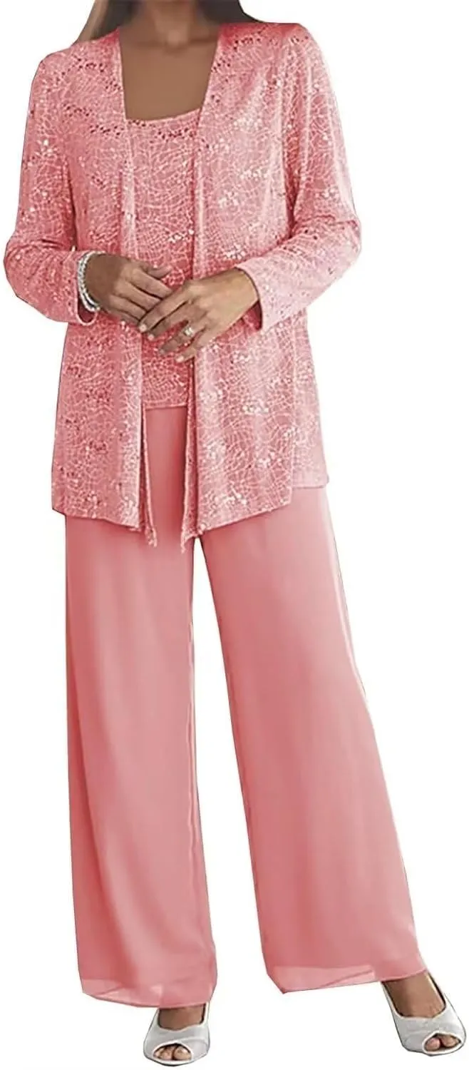 3 Pieces Mother of The Bride Pant Suits for Wedding Chiffon Sequin Pants Suits for Women Dressy with Jacket