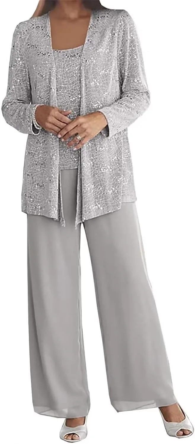 3 Pieces Mother of The Bride Pant Suits for Wedding Chiffon Sequin Pants Suits for Women Dressy with Jacket