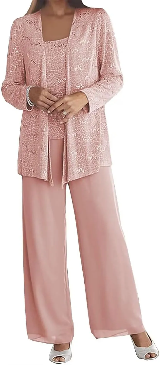 3 Pieces Mother of The Bride Pant Suits for Wedding Chiffon Sequin Pants Suits for Women Dressy with Jacket