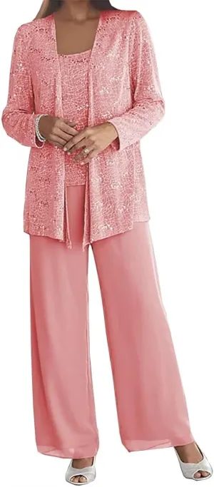 3 Pieces Mother of The Bride Pant Suits for Wedding Chiffon Sequin Pants Suits for Women Dressy with Jacket