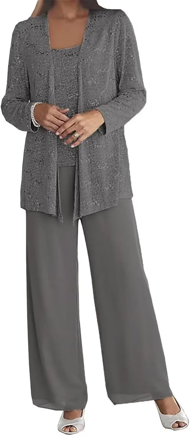 3 Pieces Mother of The Bride Pant Suits for Wedding Chiffon Sequin Pants Suits for Women Dressy with Jacket