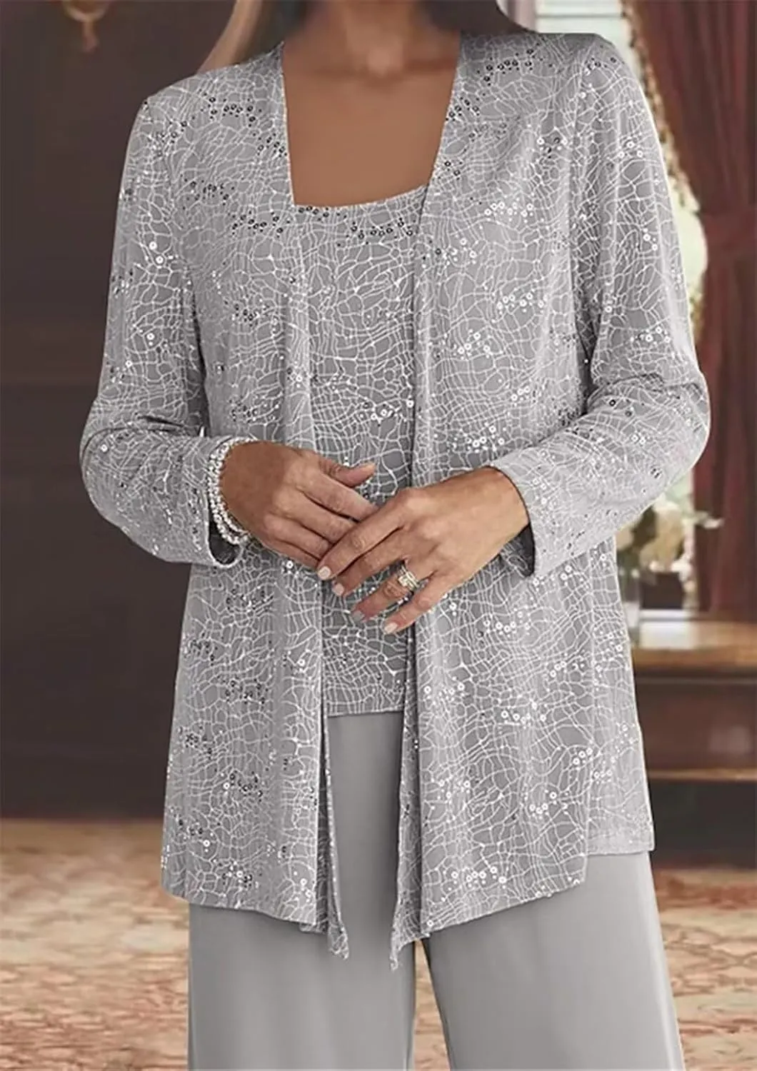 3 Pieces Mother of The Bride Pant Suits for Wedding Chiffon Sequin Pants Suits for Women Dressy with Jacket