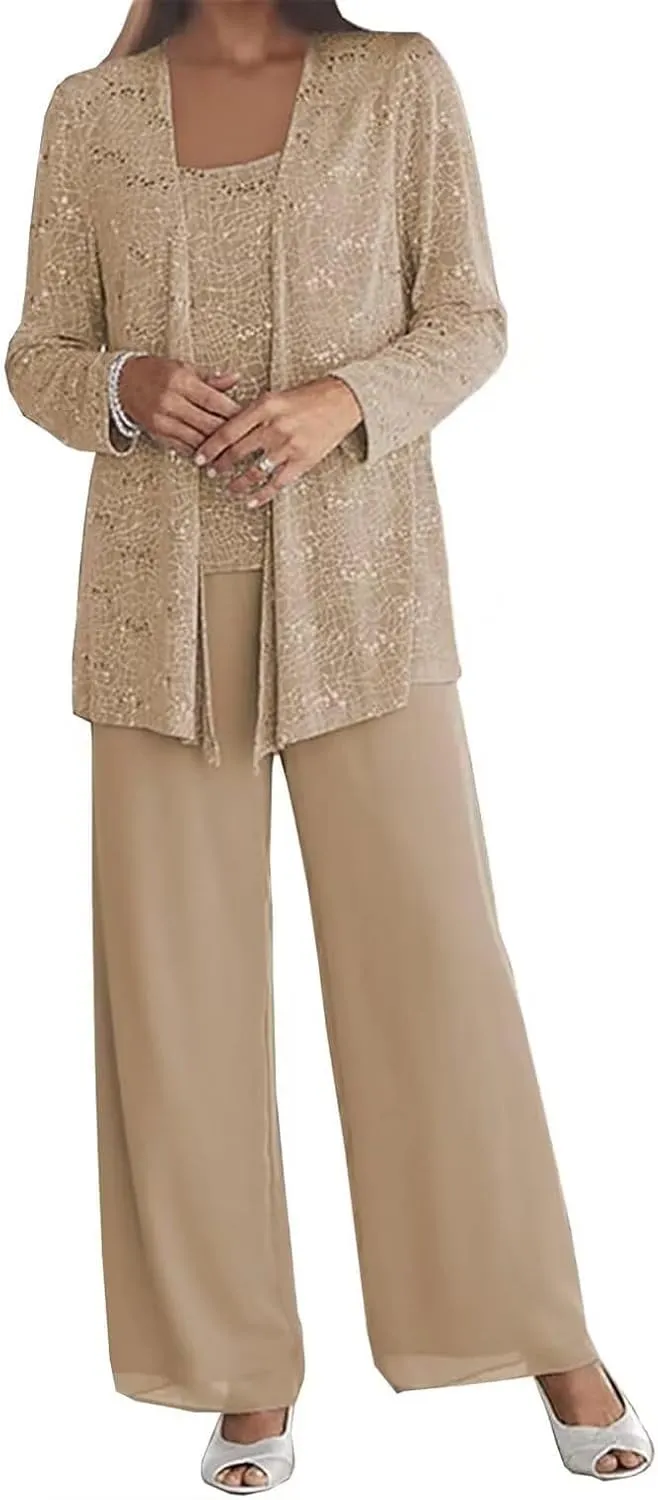 3 Pieces Mother of The Bride Pant Suits for Wedding Chiffon Sequin Pants Suits for Women Dressy with Jacket