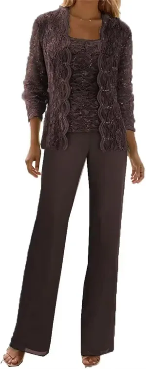 3 Pieces Mother of The Bride Pant Suits with Jackets Sequins Lace Wedding Guest Dresses for Women