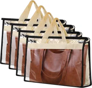 4 PCS Dust Bags for Handbag,Purse Protector Storage Bag with Zipper and Handle,Clear Handbags Storage Organizer,Plastic Protective Waterproof Handbag Protector for Closet,Off White