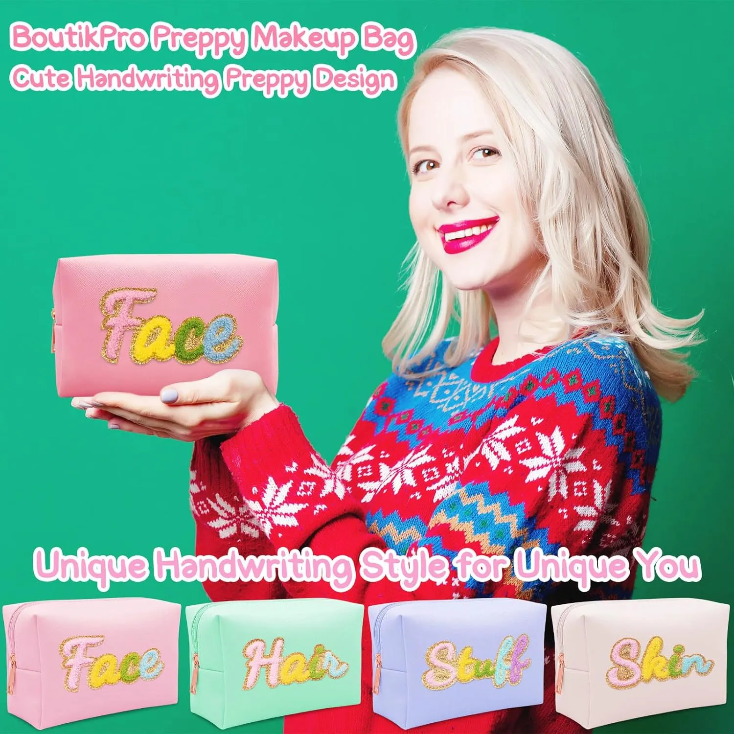 4PCS Premium Preppy Makeup Bag Set w Zipper, Handwritting Waterproof Cosmetic Bag for Women, Cute Preppy Patch Toiletry Bag for Traveling Outdoors, Gift Ideal for Mom Sister Daughter (4PCS)