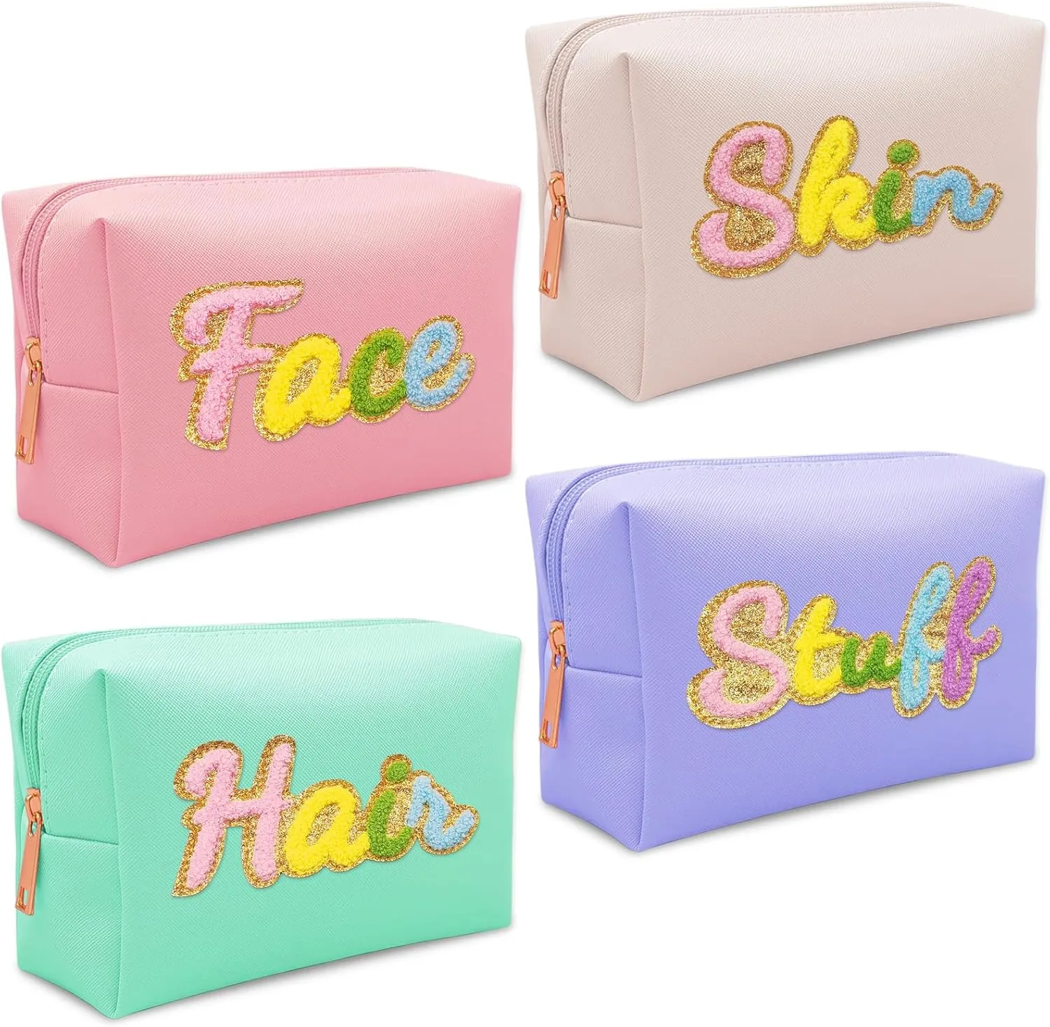 4PCS Premium Preppy Makeup Bag Set w Zipper, Handwritting Waterproof Cosmetic Bag for Women, Cute Preppy Patch Toiletry Bag for Traveling Outdoors, Gift Ideal for Mom Sister Daughter (4PCS)