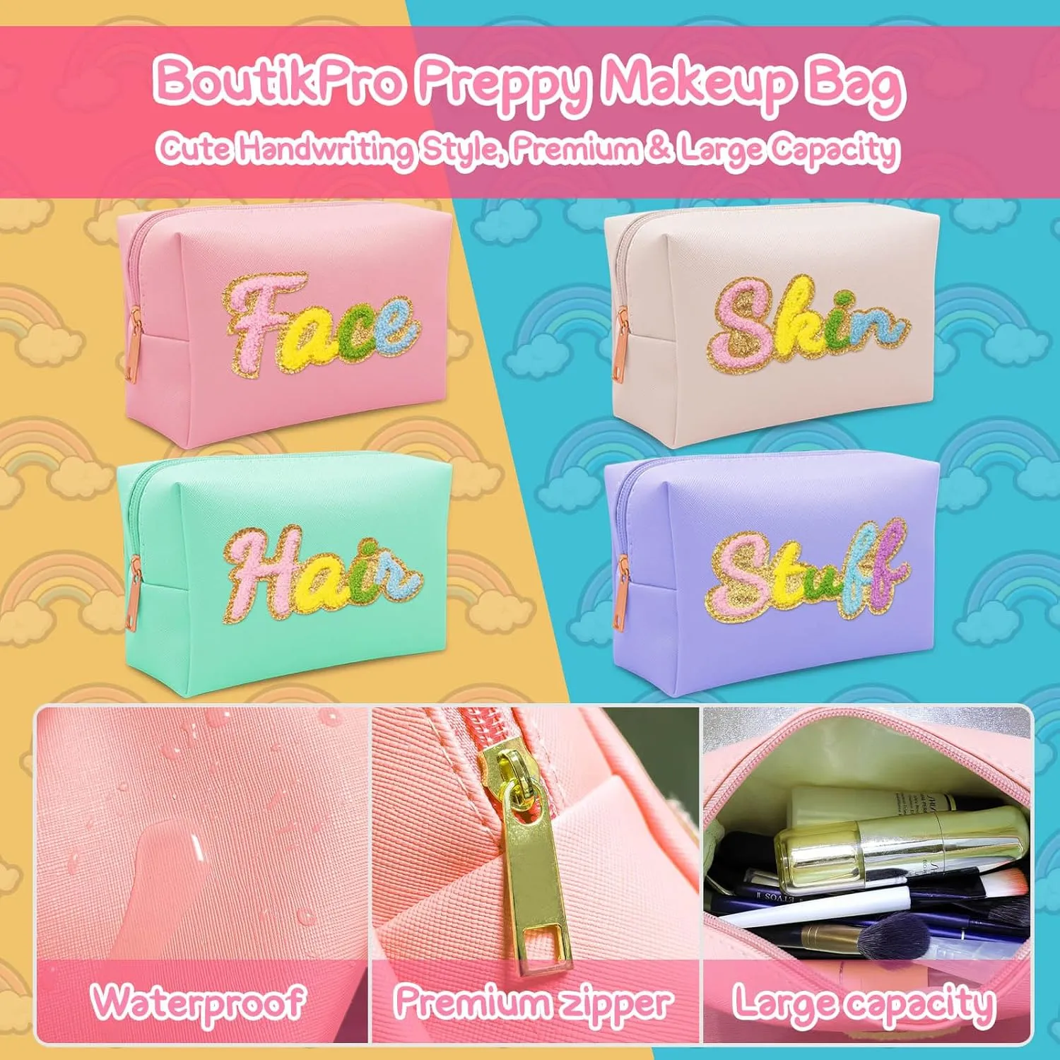 4PCS Premium Preppy Makeup Bag Set w Zipper, Handwritting Waterproof Cosmetic Bag for Women, Cute Preppy Patch Toiletry Bag for Traveling Outdoors, Gift Ideal for Mom Sister Daughter (4PCS)