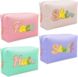 4PCS Premium Preppy Makeup Bag Set w Zipper, Handwritting Waterproof Cosmetic Bag for Women, Cute Preppy Patch Toiletry Bag for Traveling Outdoors, Gift Ideal for Mom Sister Daughter (4PCS)