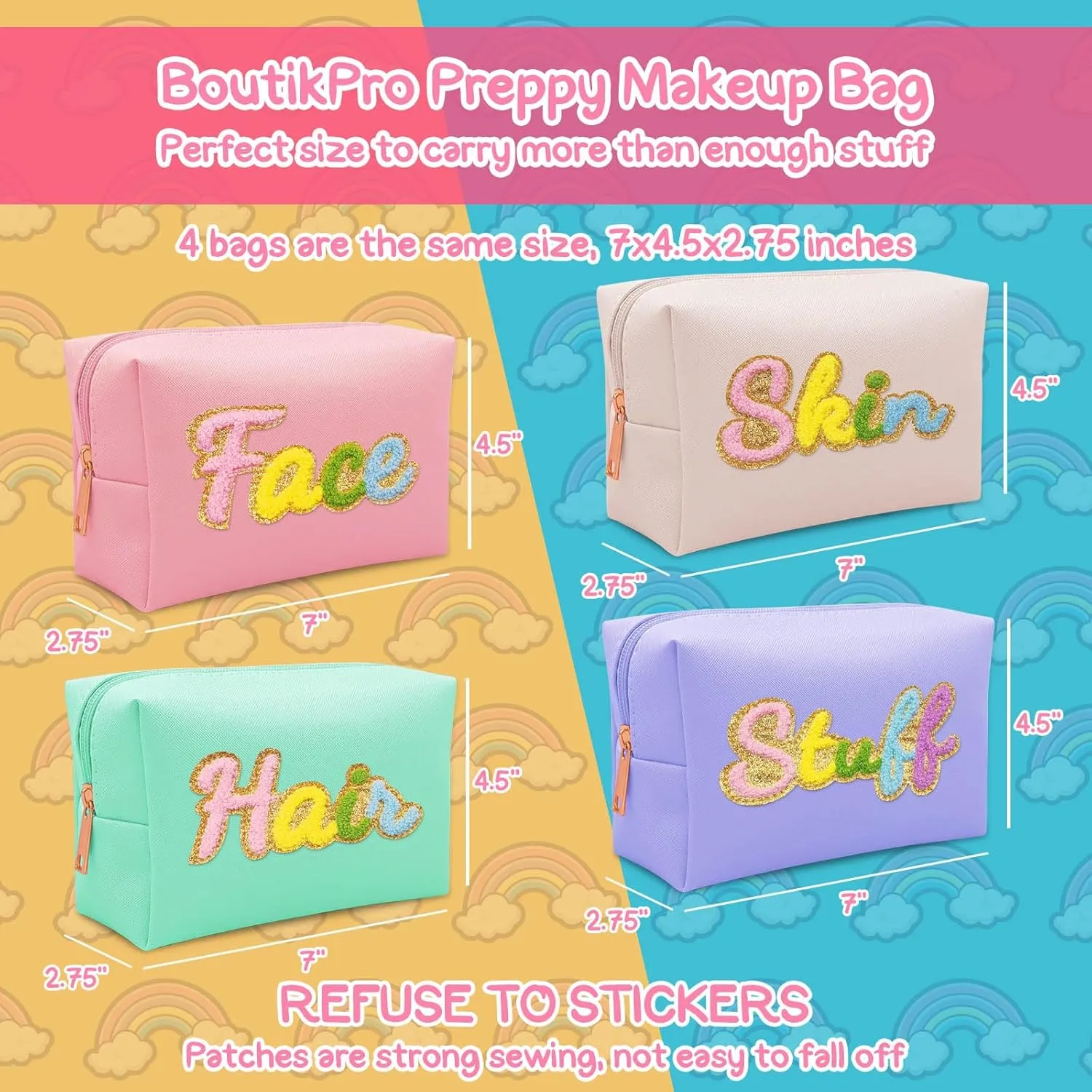 4PCS Premium Preppy Makeup Bag Set w Zipper, Handwritting Waterproof Cosmetic Bag for Women, Cute Preppy Patch Toiletry Bag for Traveling Outdoors, Gift Ideal for Mom Sister Daughter (4PCS)