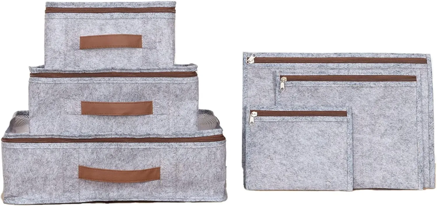 6 Pairs Travel Shoe Bag With Leather Handles With Felt Fabric,Shoe Bags For Travel,Shoes Bag,Travel Storage Bags For Luggage,Shoe Packing Cubes For Travel, grey 6 piece organizer, Shoe Bag