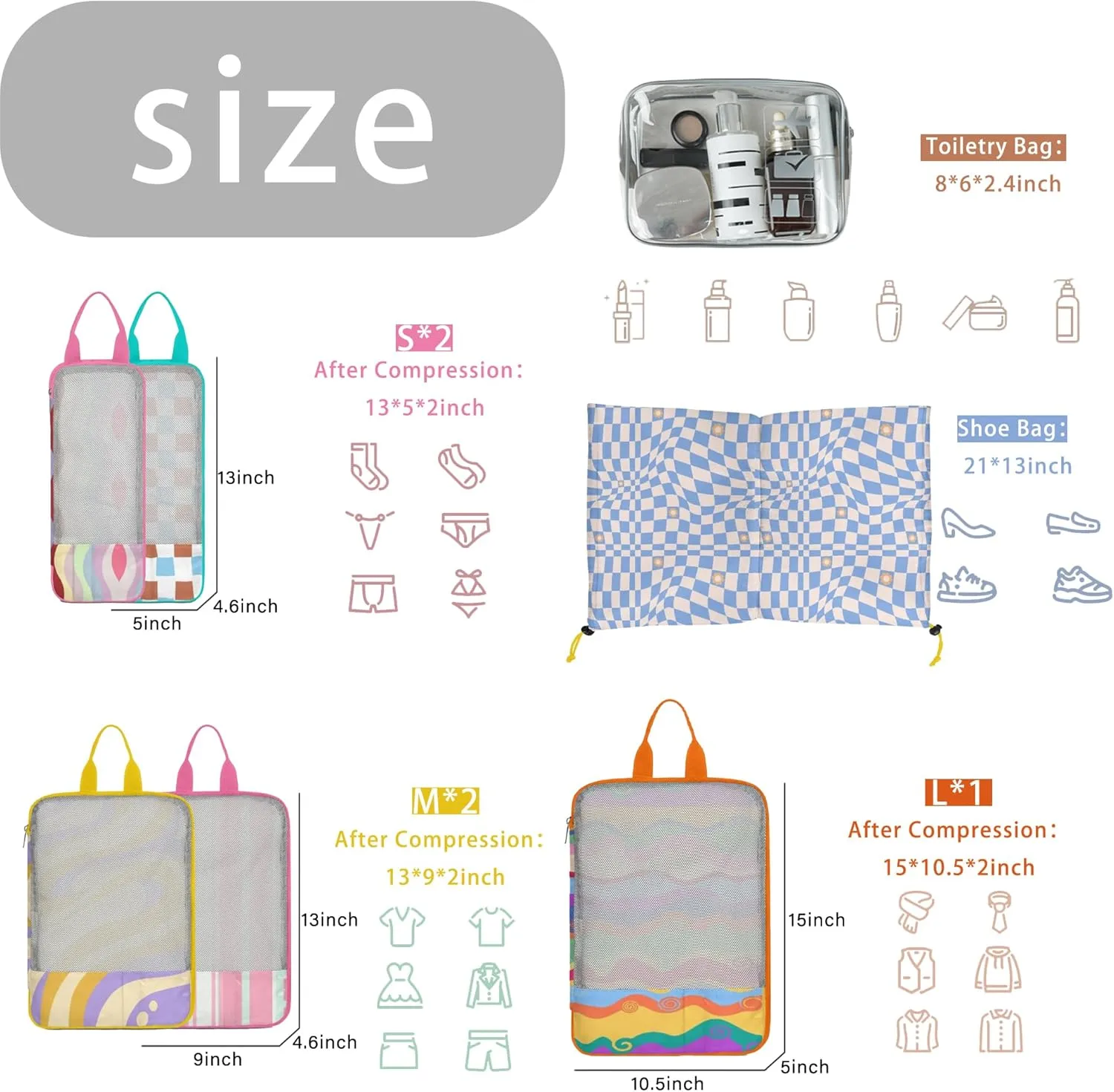 7 Pcs Compression Packing Cubes Travel for Suitcases, Luggage Organizer Washable Storage Bags Set for Backpack Travel- Packaging Cubes for Carry-Ons and Storage