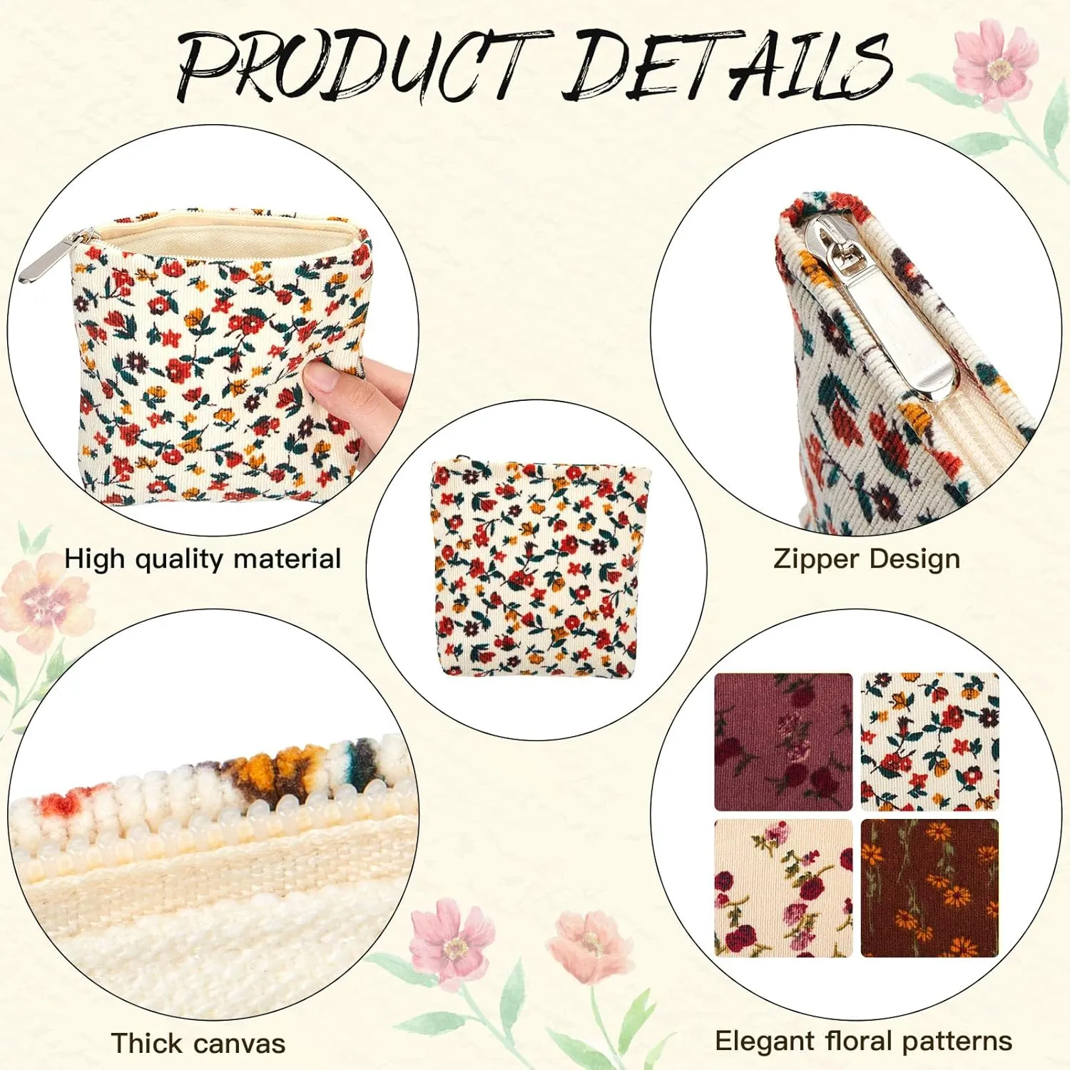Abbylike 4 Pcs Floral Makeup Bag Corduroy Cosmetic Bag with Zipper Portable Small Pouches for Purse Toiletry Mini Pouch Cute Mini Makeup Purse for Coin Essentials Items Women(Elegant)