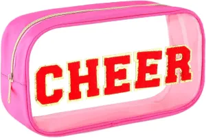 Abbylike Cheer Clear Makeup Letter Bag Cosmetic Zipper Cheers Pouch Chenille Patch Cheerleader Gifts Preppy Cheer Accessories Nylon Handmade Toiletry Bags for Cheerleading Women Girls Gifts, Rose Red