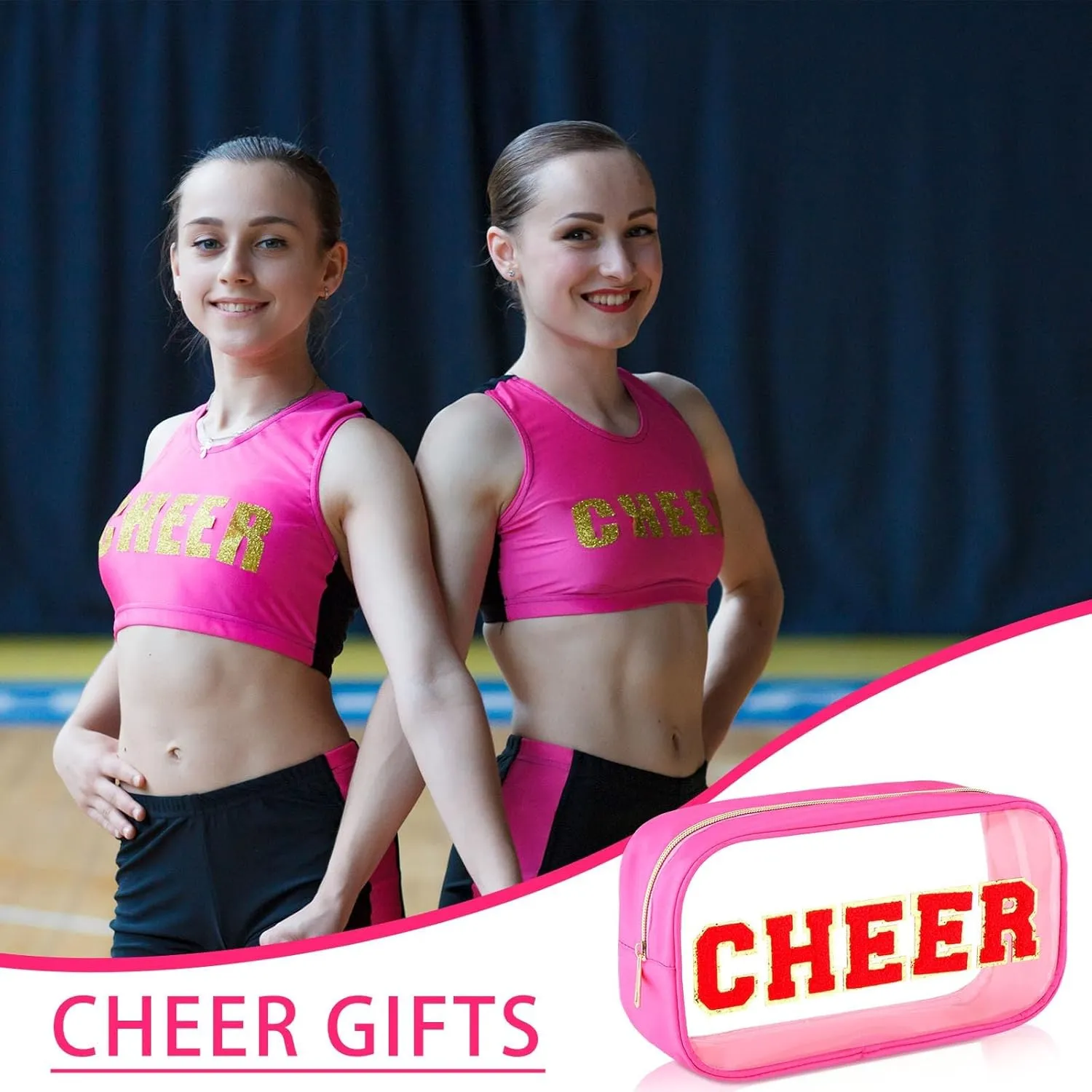 Abbylike Cheer Clear Makeup Letter Bag Cosmetic Zipper Cheers Pouch Chenille Patch Cheerleader Gifts Preppy Cheer Accessories Nylon Handmade Toiletry Bags for Cheerleading Women Girls Gifts, Rose Red