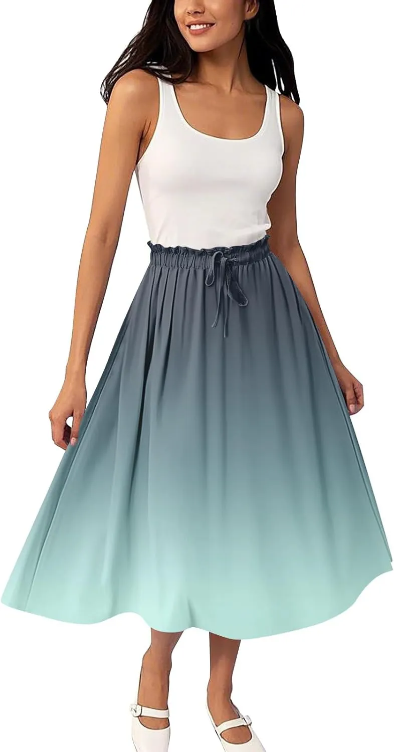 ADHOWBEW Long Skirts for Women A Line Midi Length Ruffle Plus Size Trendy High Waisted Cute Casual Flowy Beach Spring Skirts