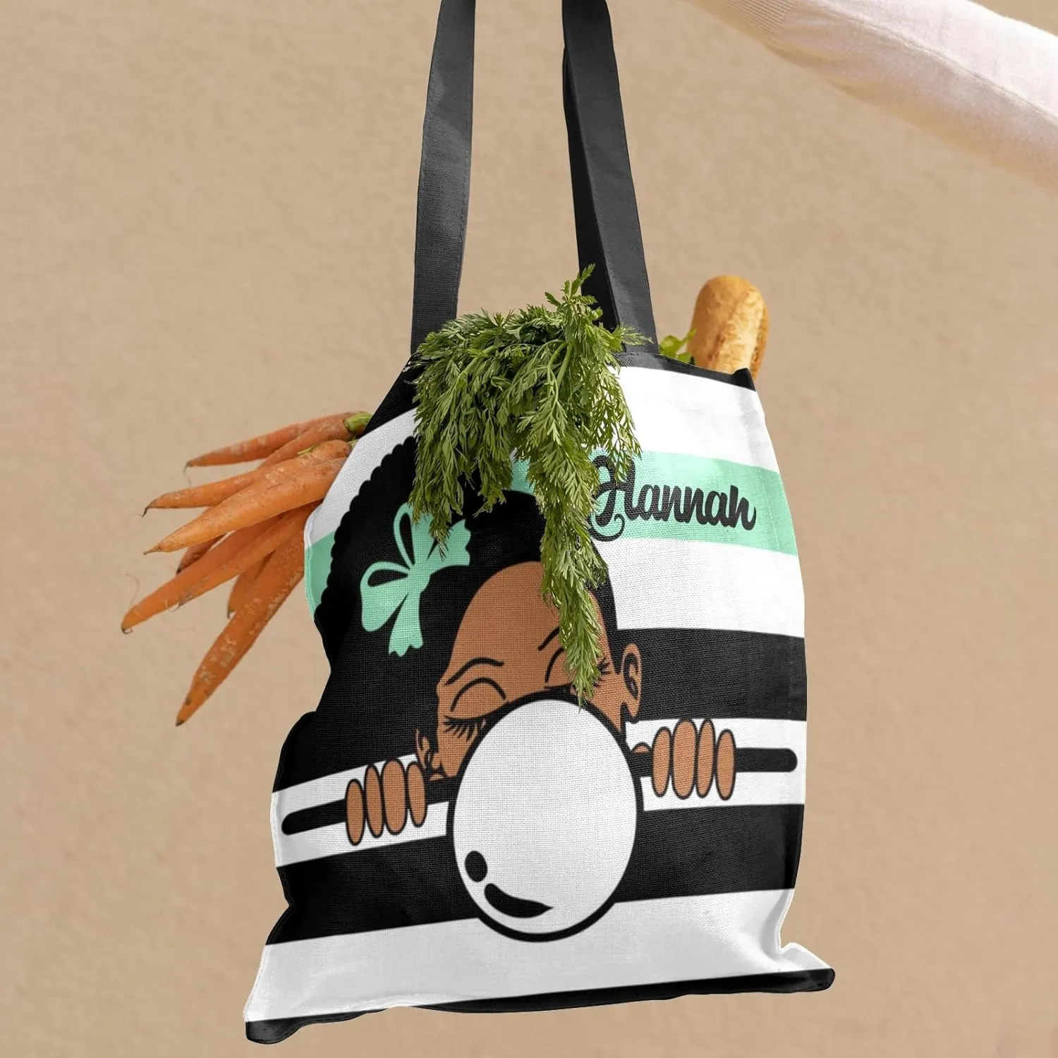 Afro Girl Striped Teal Canvas Tote Bag Aesthetic Reusable Grocery Shopping Bags Shoulder Bag Book Tote Gifts