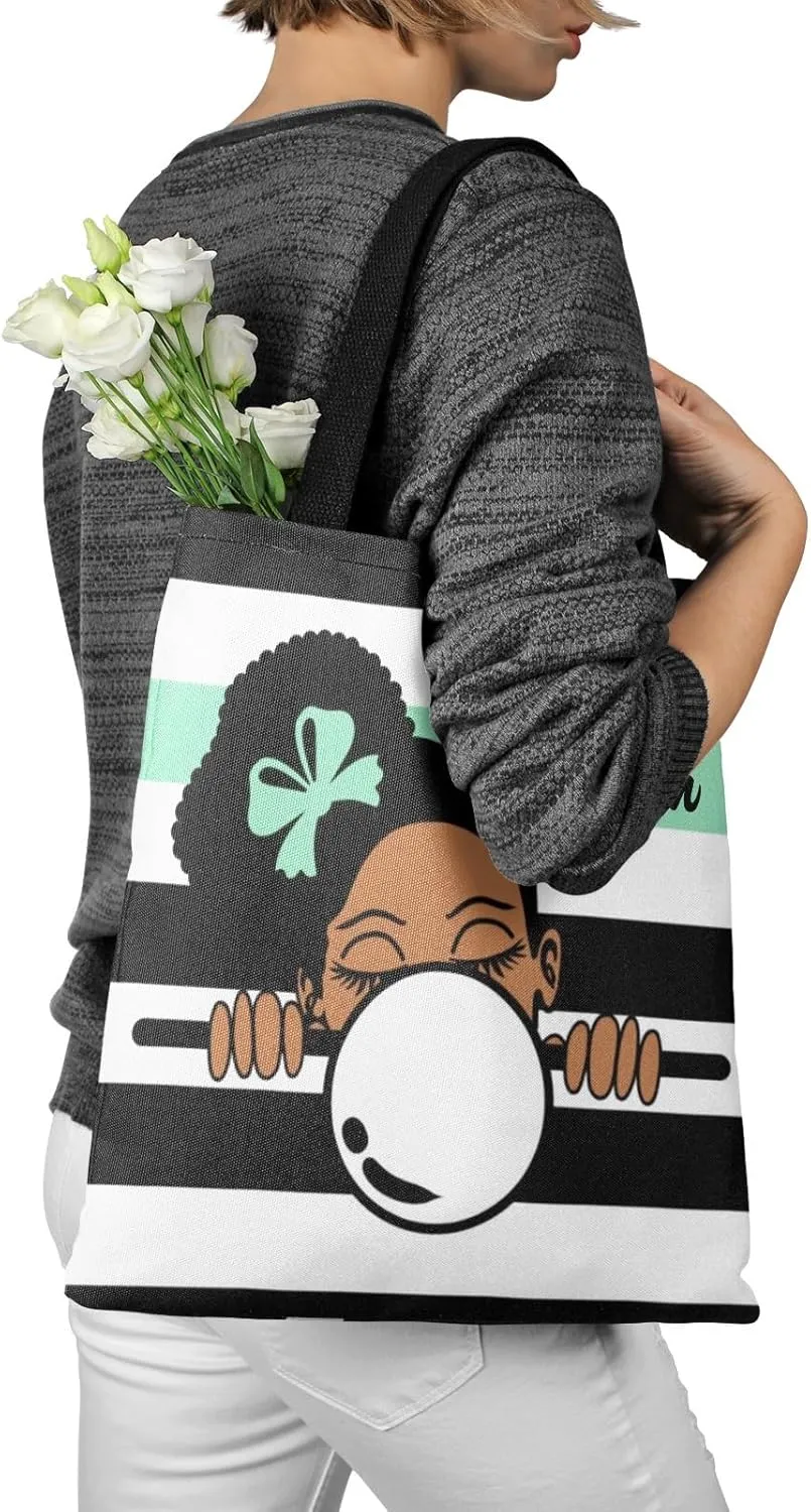 Afro Girl Striped Teal Canvas Tote Bag Aesthetic Reusable Grocery Shopping Bags Shoulder Bag Book Tote Gifts