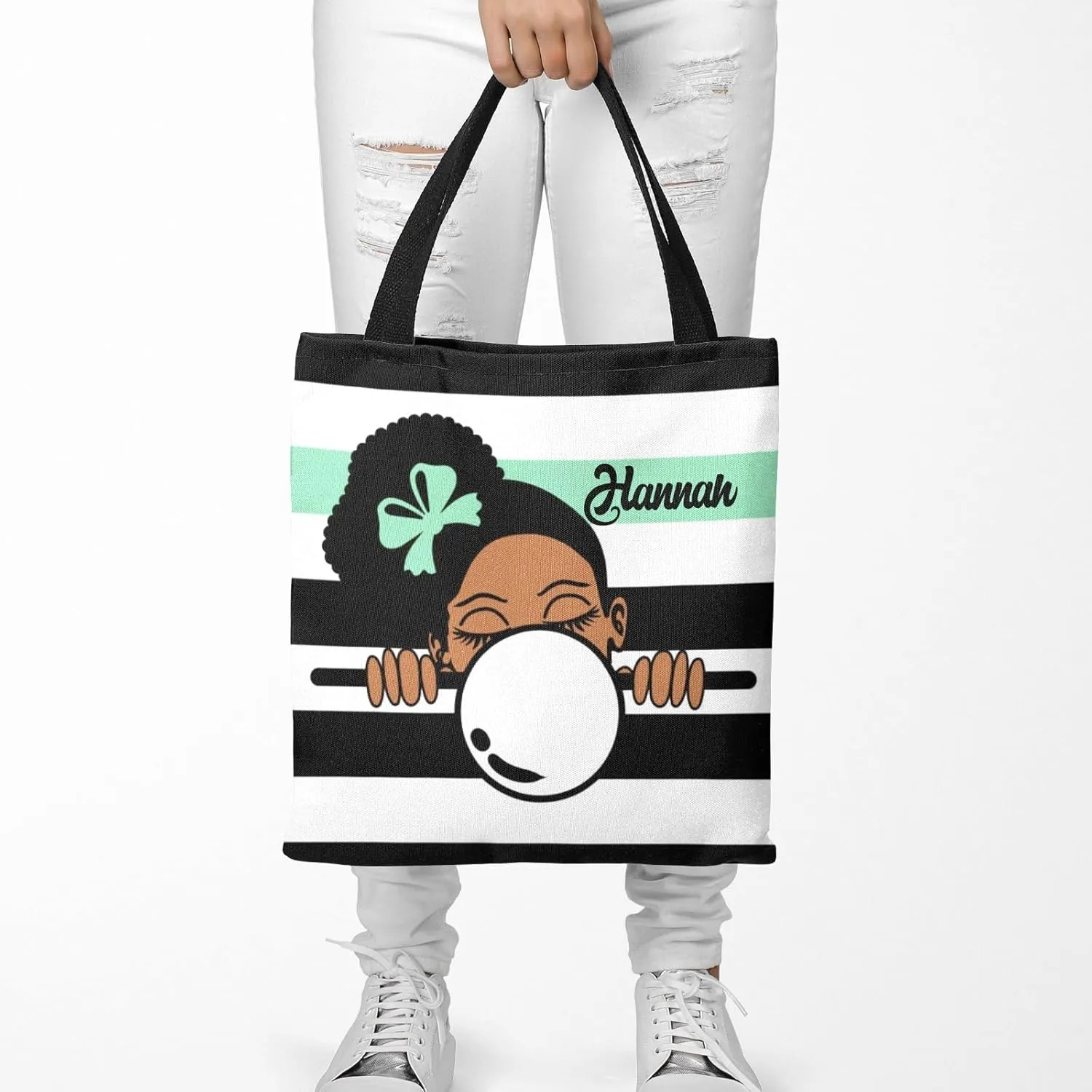 Afro Girl Striped Teal Canvas Tote Bag Aesthetic Reusable Grocery Shopping Bags Shoulder Bag Book Tote Gifts