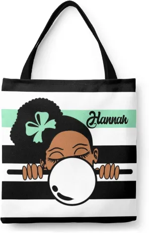 Afro Girl Striped Teal Canvas Tote Bag Aesthetic Reusable Grocery Shopping Bags Shoulder Bag Book Tote Gifts