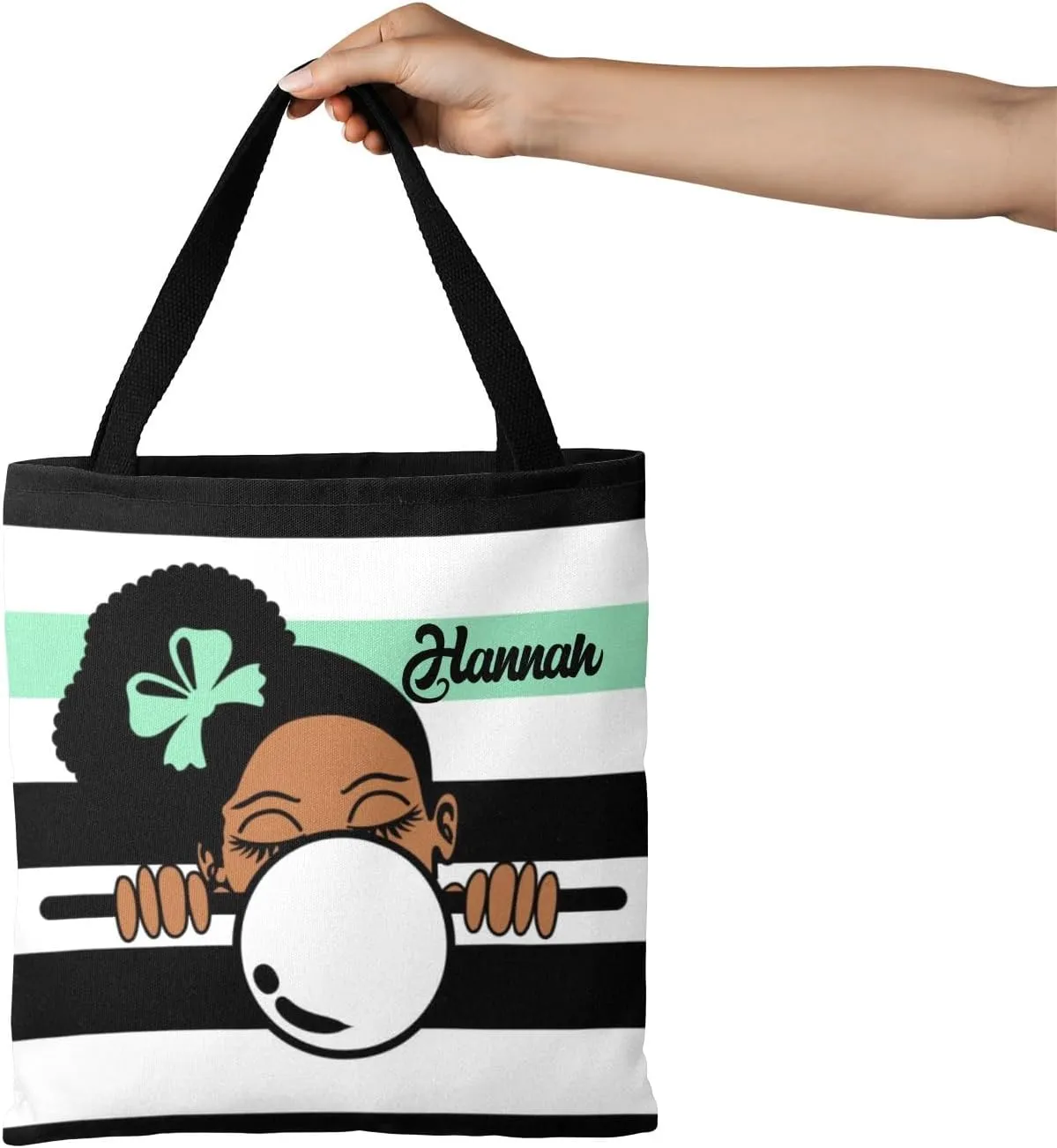 Afro Girl Striped Teal Canvas Tote Bag Aesthetic Reusable Grocery Shopping Bags Shoulder Bag Book Tote Gifts