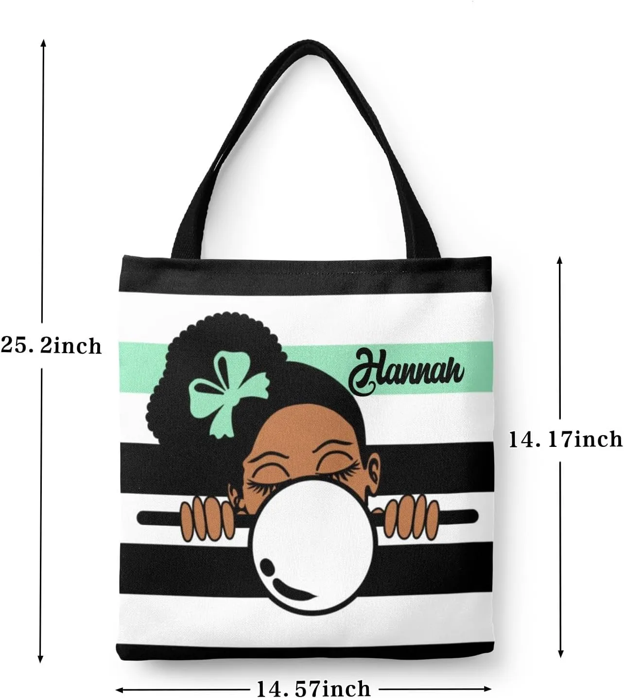 Afro Girl Striped Teal Canvas Tote Bag Aesthetic Reusable Grocery Shopping Bags Shoulder Bag Book Tote Gifts