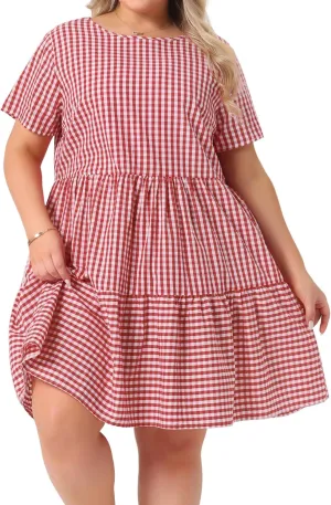 Agnes Orinda Plus Size Gingham Dresses 1950s Vintage Plaid Round Neck Short Sleeve Tiered Midi Summer Dress