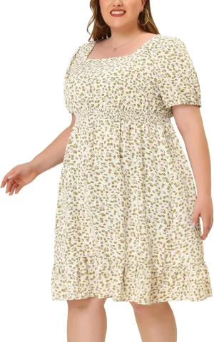 Agnes Orinda Plus Size Women's Dresses Short Sleeve Square Neck Elastic Waist Floral Dress Summer 2024
