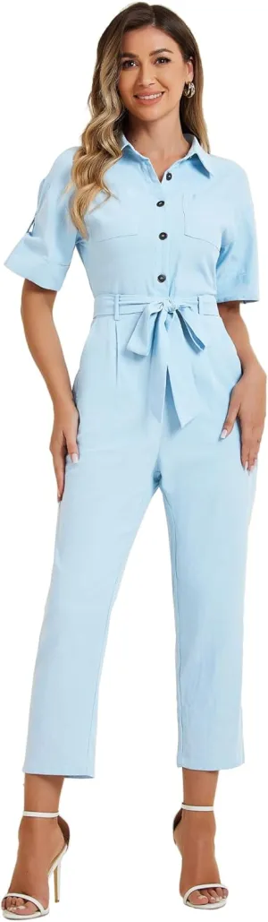 Allegra K Women's Short Sleeve Collared Cropped Coverall Button Down Tie Waist Cotton Cargo Jumpsuit
