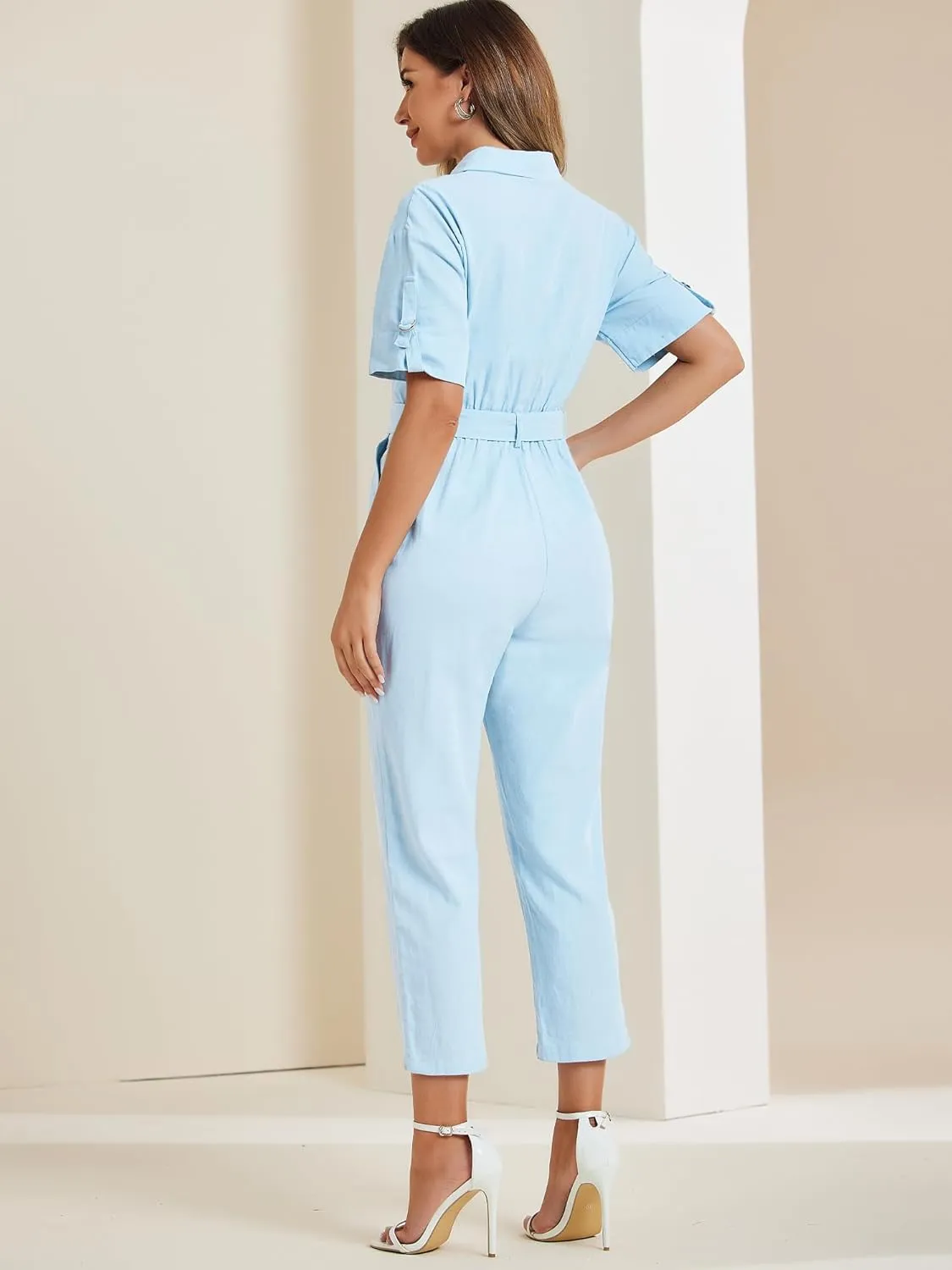 Allegra K Women's Short Sleeve Collared Cropped Coverall Button Down Tie Waist Cotton Cargo Jumpsuit