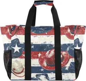 American Flag Style Cowboy Hat Large Beach Bags for Women & Men,Waterproof Sandproof Beach Tote Swim Pool Bag for Pool Gym Grocery Travel