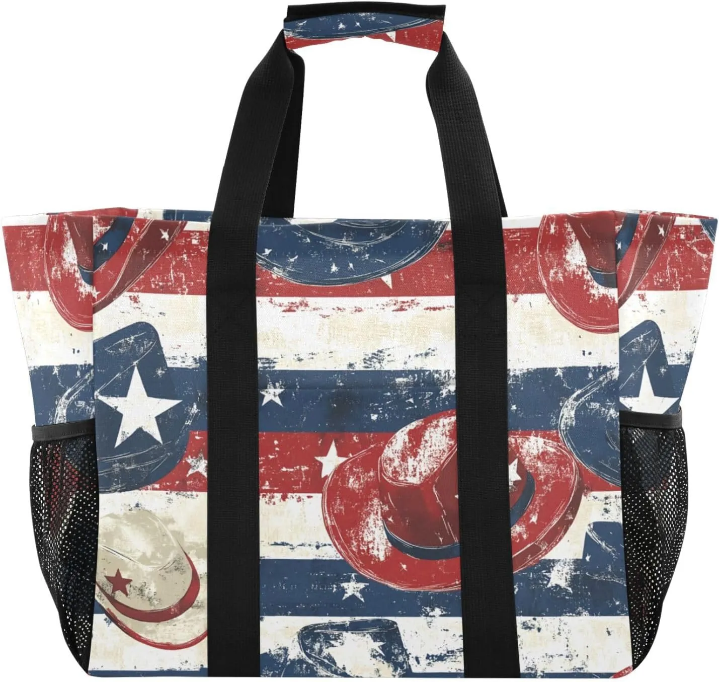 American Flag Style Cowboy Hat Large Beach Bags for Women & Men,Waterproof Sandproof Beach Tote Swim Pool Bag for Pool Gym Grocery Travel