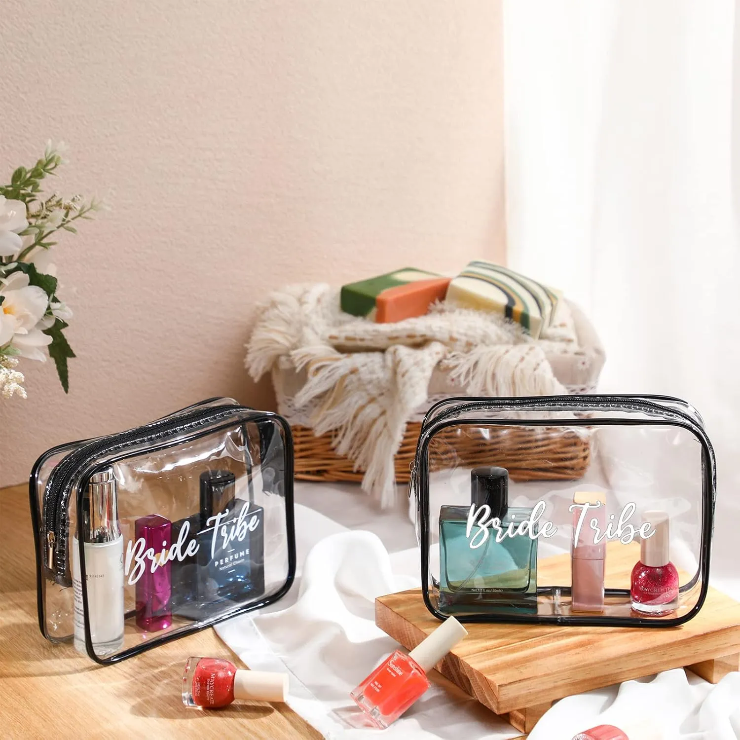 Amylove 10 Pcs Bride Cosmetic Bag Clear Makeup Bags Toiletry Makeup Travel Cosmetic Bag Clear PVC Bags for Wedding Party Bridesmaid Proposal Bridal Gift(Black)