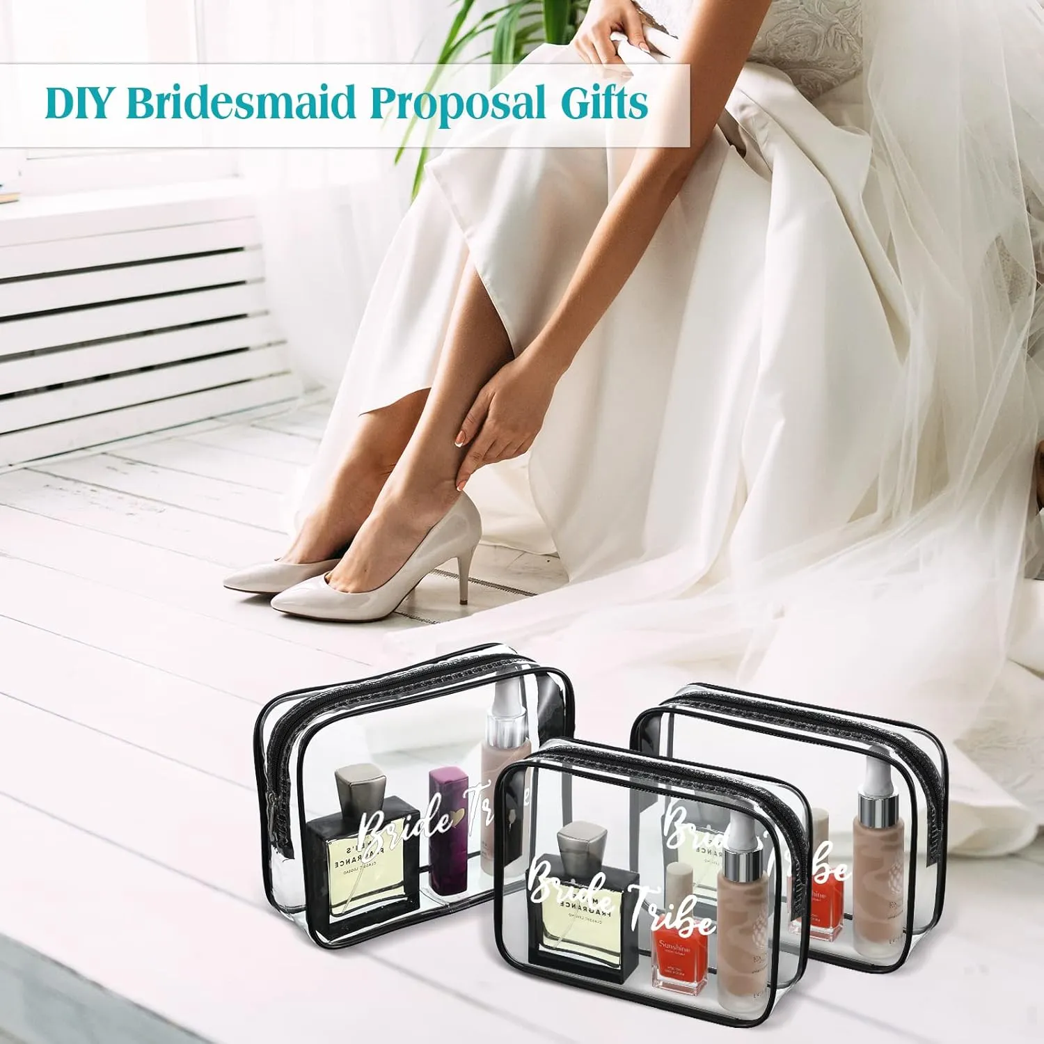 Amylove 10 Pcs Bride Cosmetic Bag Clear Makeup Bags Toiletry Makeup Travel Cosmetic Bag Clear PVC Bags for Wedding Party Bridesmaid Proposal Bridal Gift(Black)
