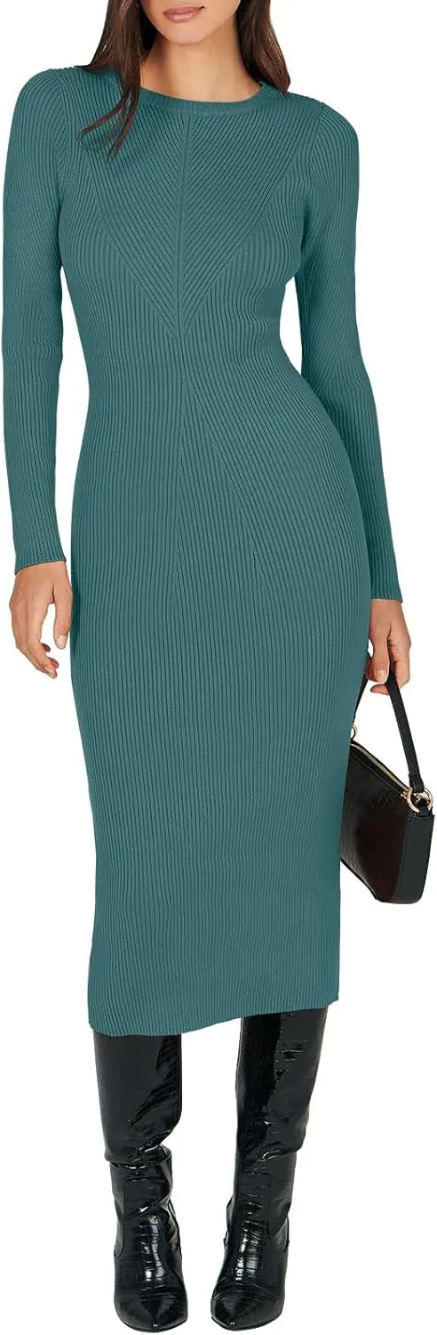 ANRABESS Women Long Sleeve Crewneck Sweater Dress Ribbed Knit Stretch Slim Fit Bodycon Midi Dresses Fall Fashion Outfits